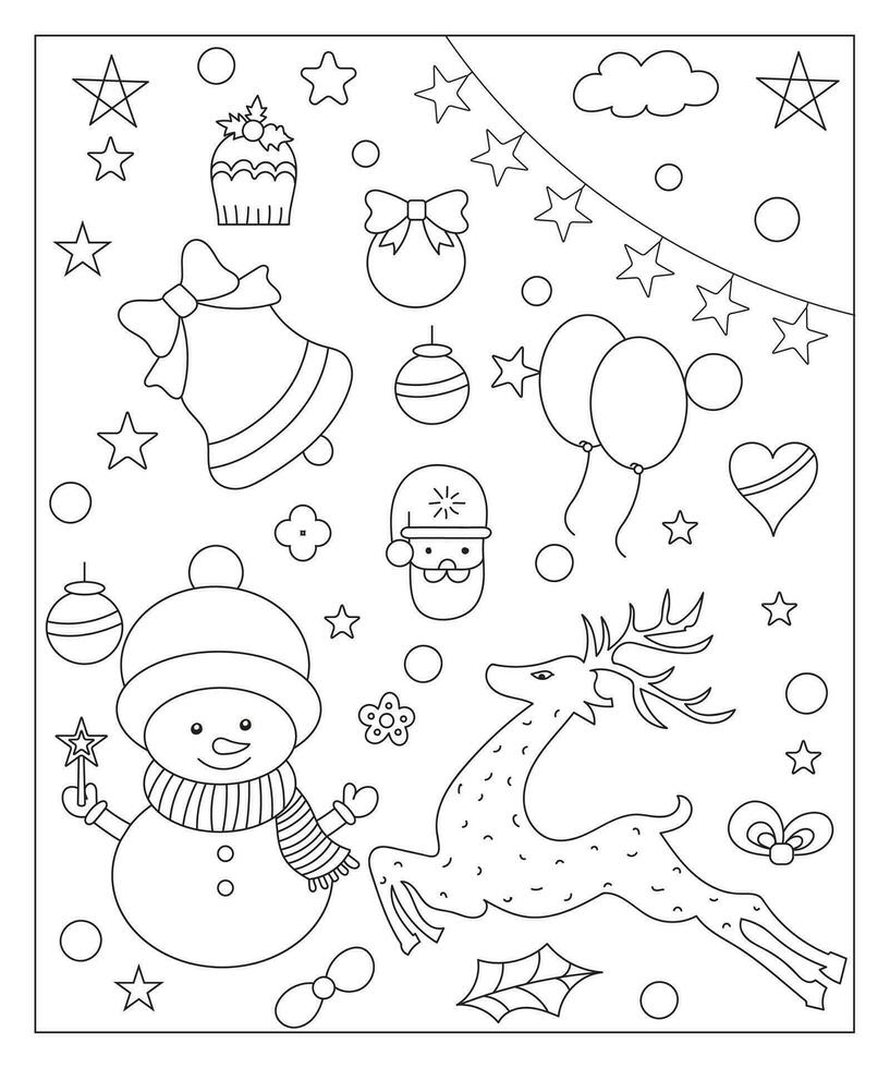 Coloring page of a decorated Christmas tree, shanta claus, ball, bell, snowman and gifts. Vector black and white illustration on white background.