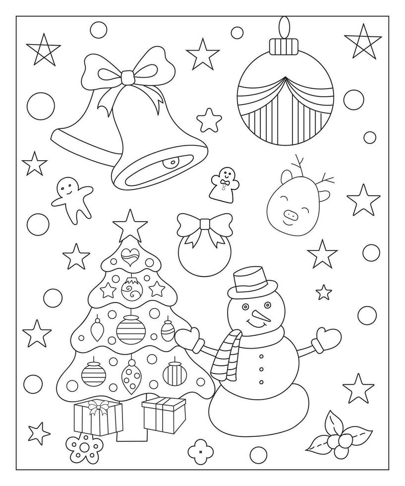 Coloring page of a decorated Christmas tree, shanta claus, ball, bell, snowman and gifts. Vector black and white illustration on white background.