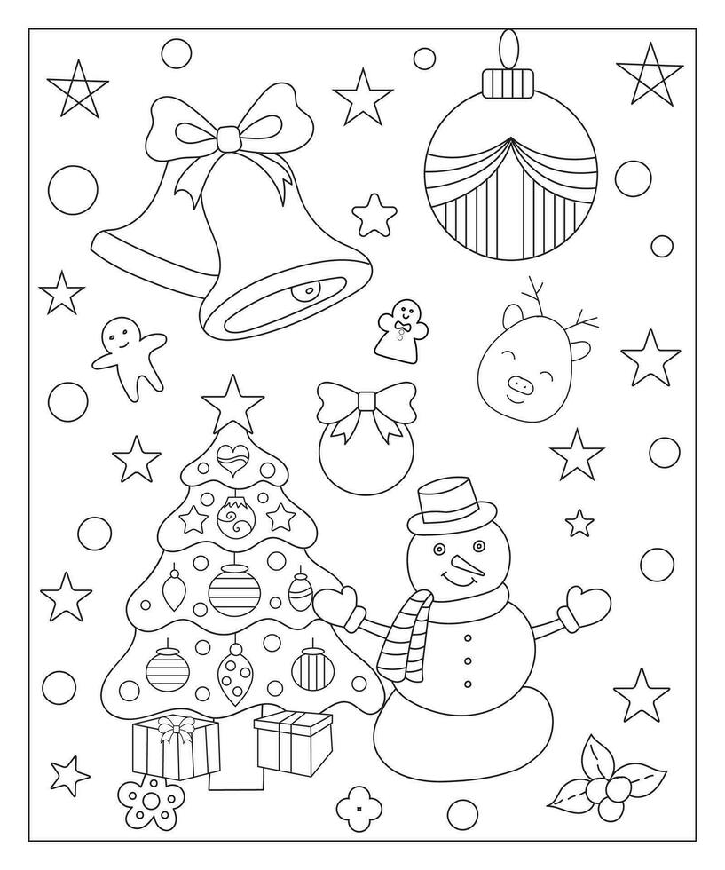 colorante página de un decorado Navidad árbol, shanta noel, pelota, campana, monigote de nieve y regalos. vector negro y blanco ilustración en blanco antecedentes.