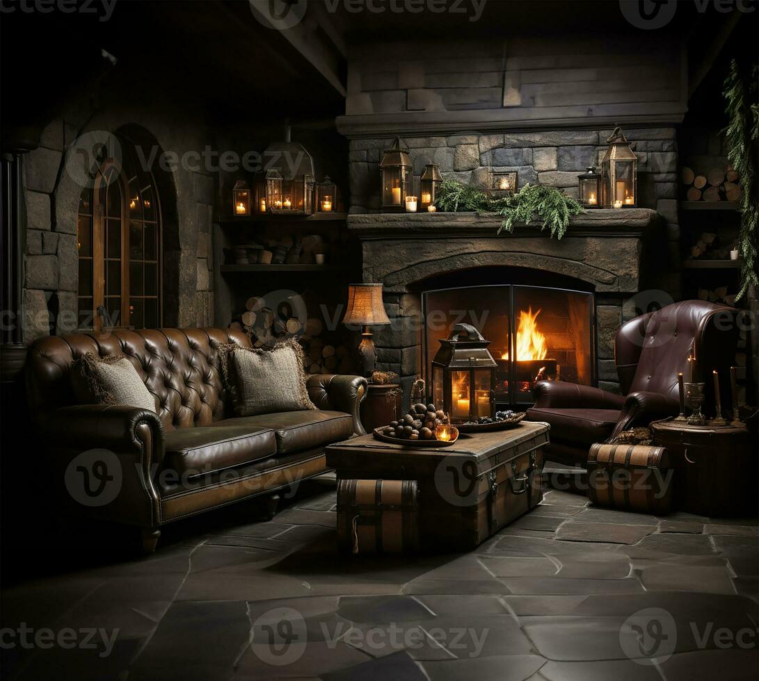 fireplace adorned with Christmas decorations. AI Generated photo