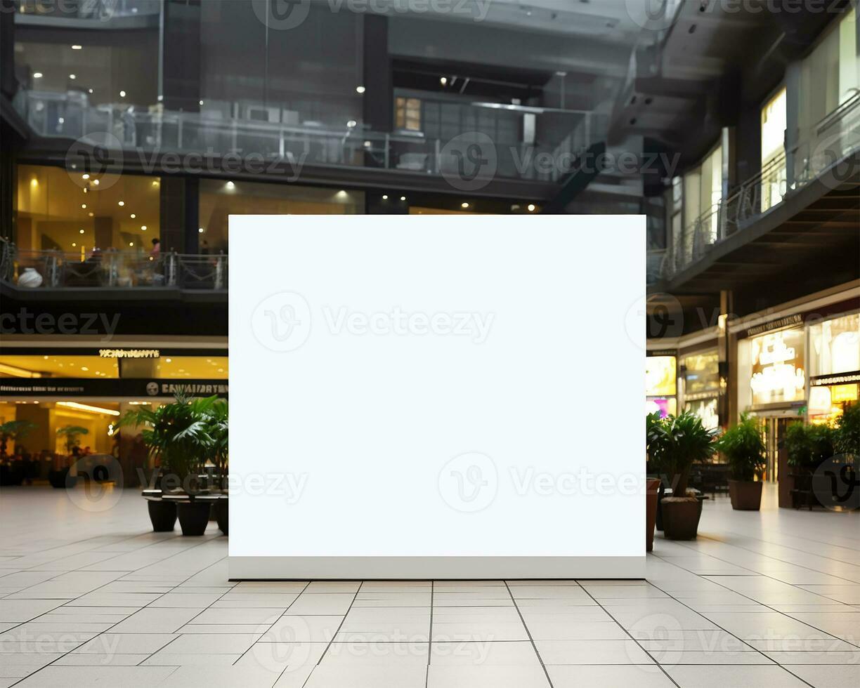 blank white mockup signboard positioned in a public shopping center. AI Generated photo