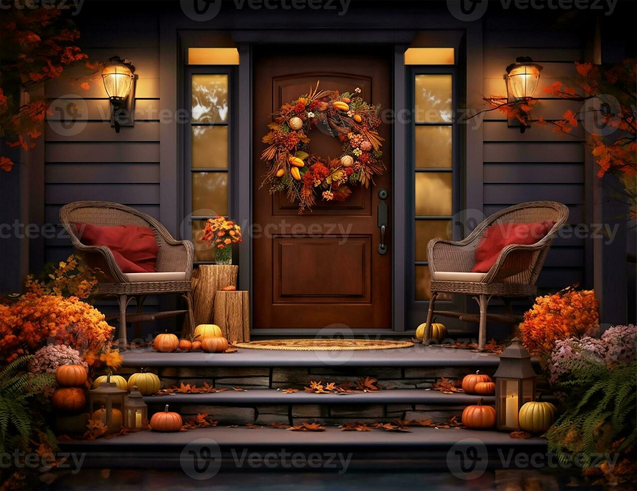 beautifully assembled fall wreath gracing a rich brown front door. AI Generated photo