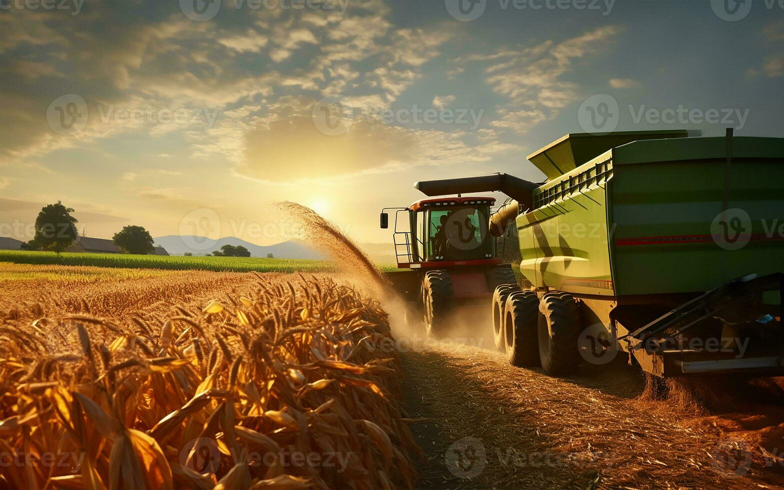harvester pouring freshly harvested corn maize seeds or soybeans into a container trailer. AI Generated photo