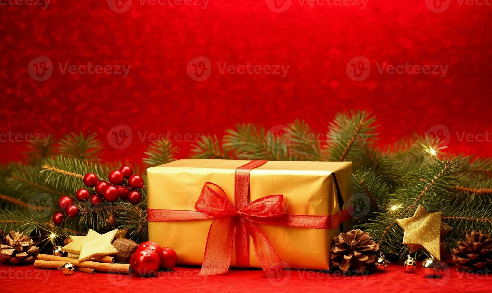 elegant Christmas composition on a shimmering light gold backdrop. AI Generated photo