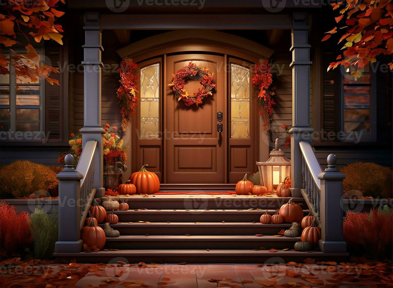 beautifully assembled fall wreath gracing a rich brown front door. AI Generated photo