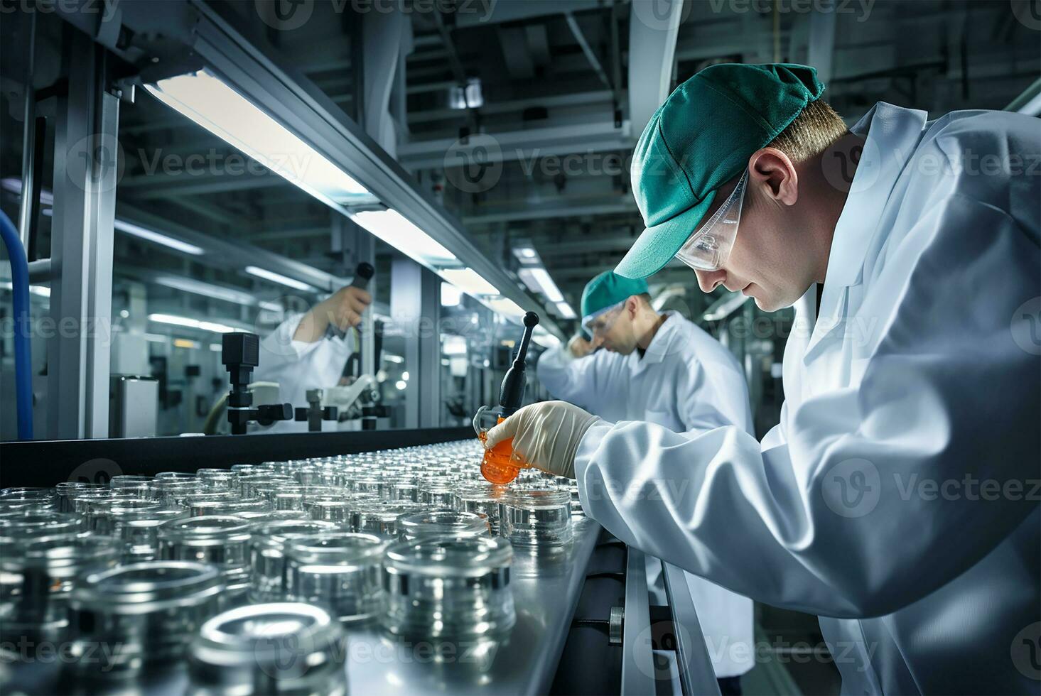 Staff meticulously checking medical vials as they move along a production line in a pharmaceutical factory. AI Generated photo
