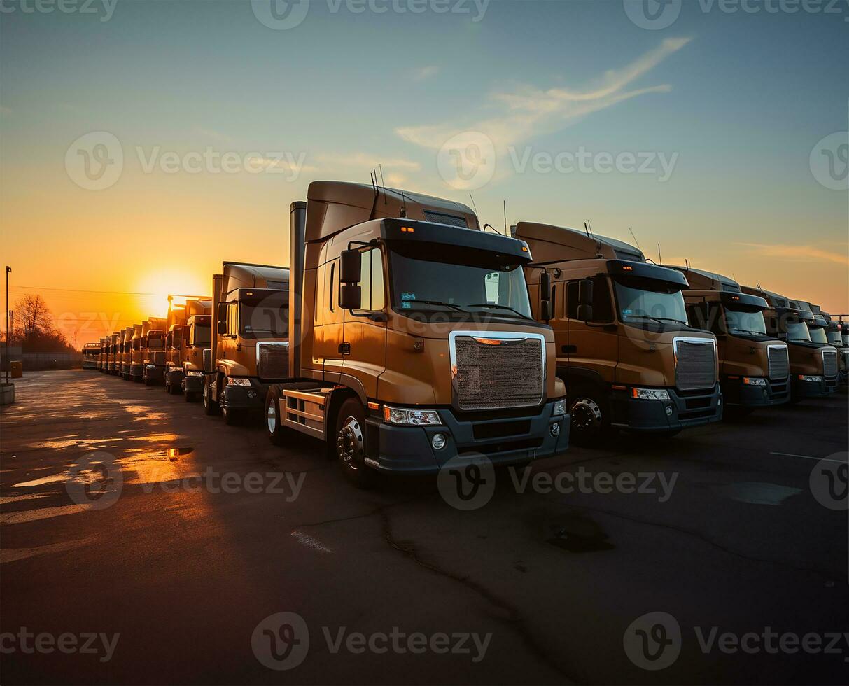 A row of parked trucks, silhouetted against the backdrop of a radiant sunrise. AI Generated photo