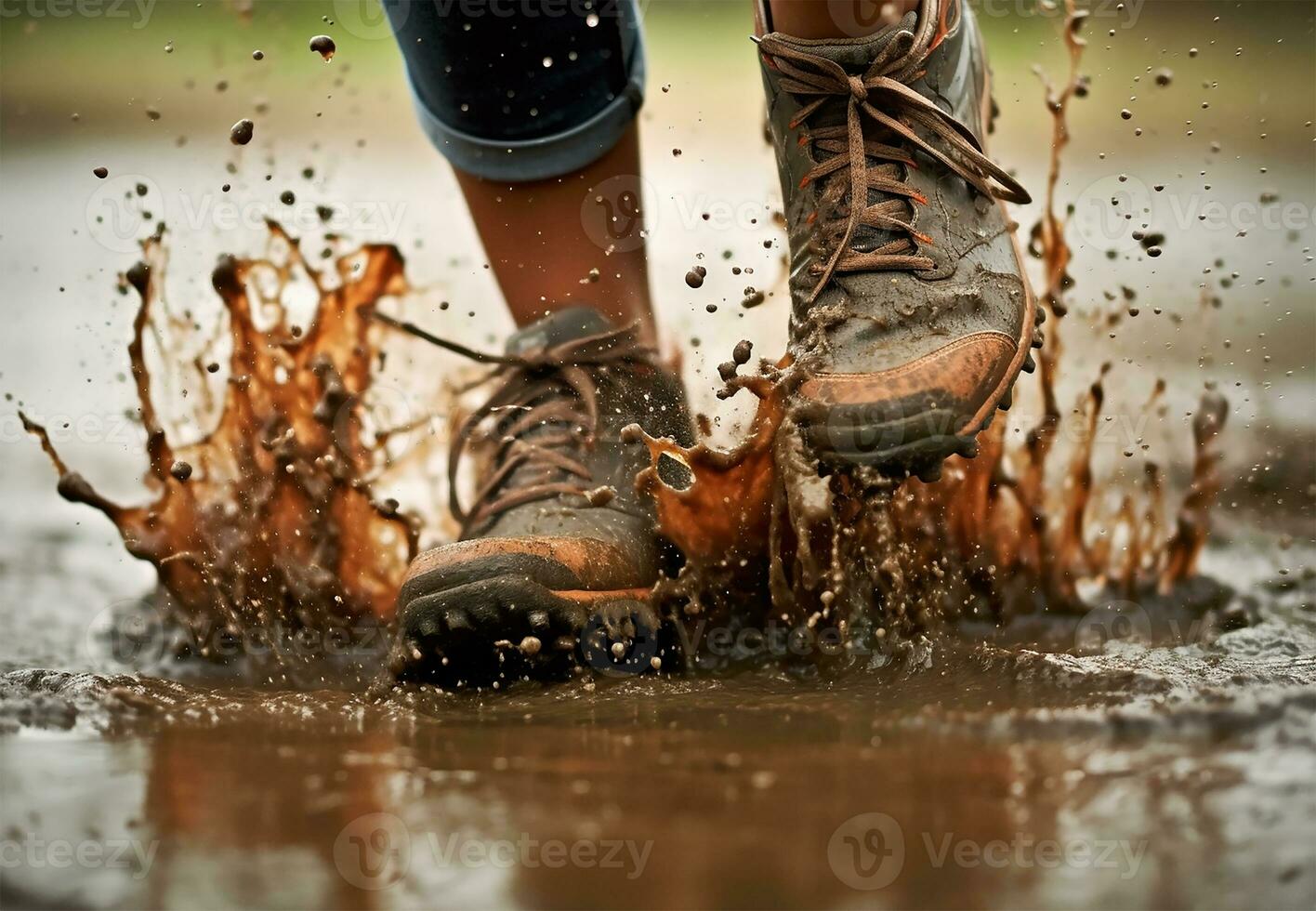 a low angle capturing the legs and running shoes of a young woman as they strike the wet ground. AI Generated photo