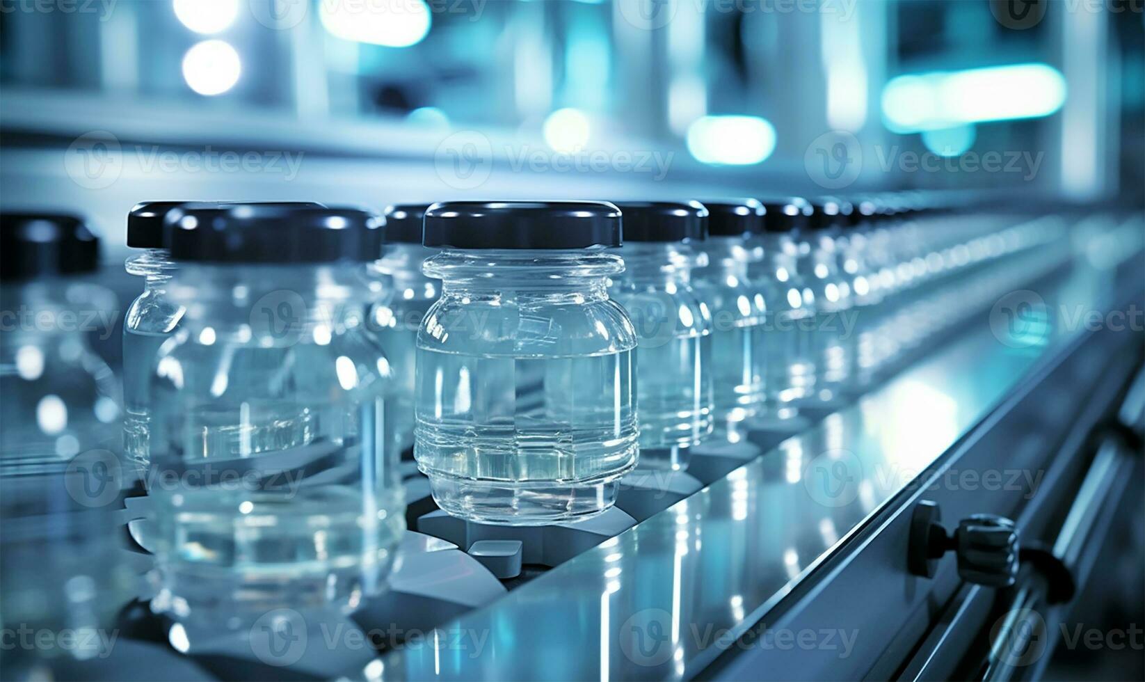 Medical vials moving along a production line in a pharmaceutical factory,. AI Generated photo