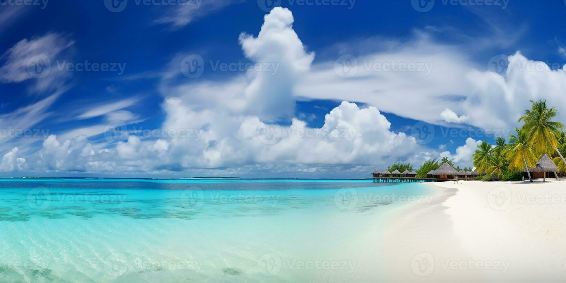 prístino arenoso playa con multa blanco arena reunión el amable rodar de turquesa Oceano ondas. ai generado foto