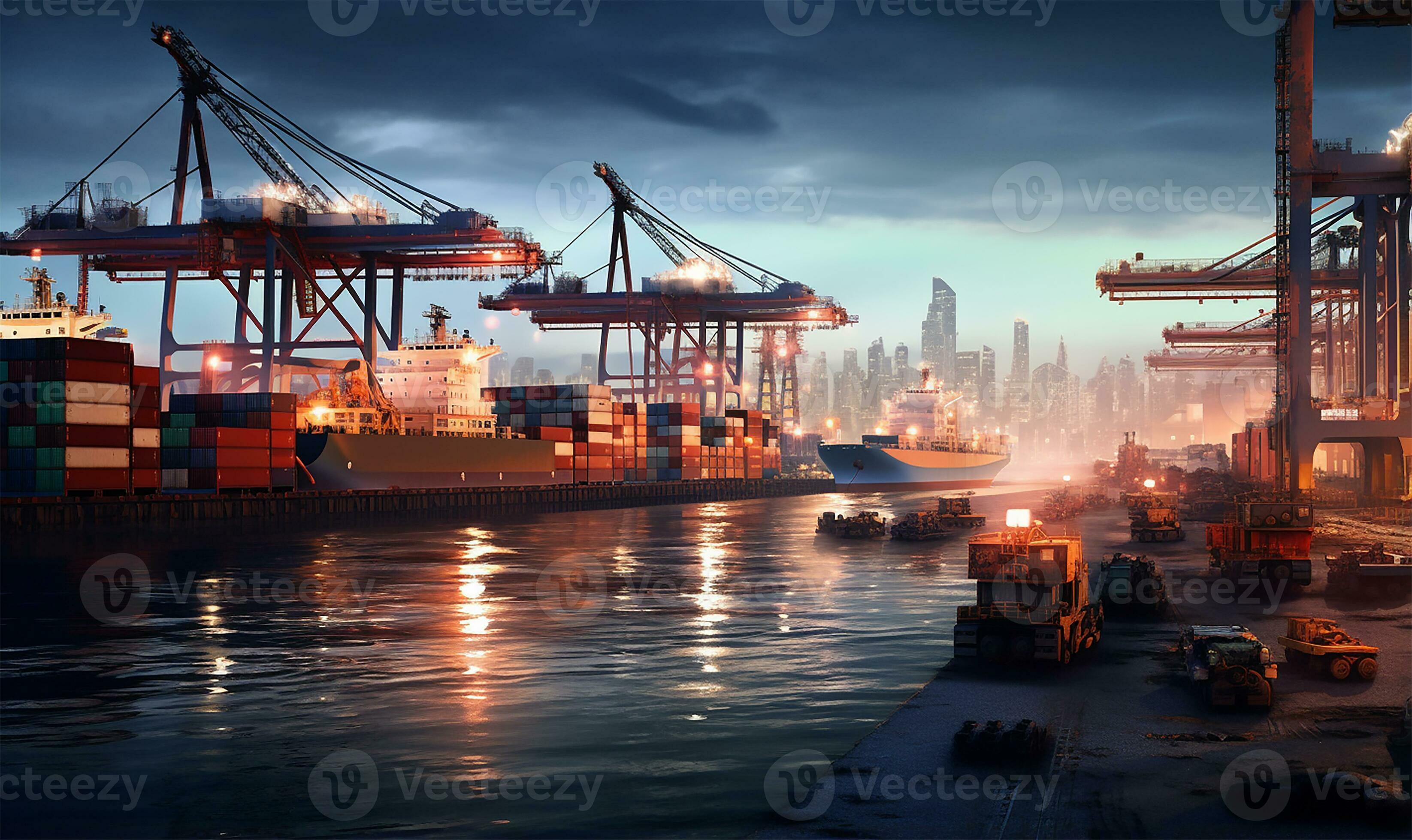 bustling seaport featuring cargo ships being loaded and unloaded. AI ...