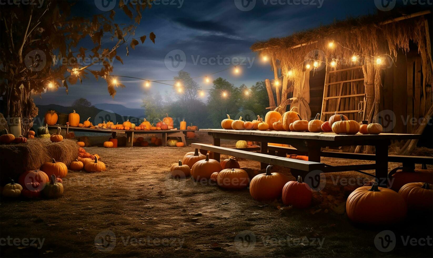 vivid spread of pumpkins sprawled across a farm during a lively autumn fall festival. AI Generated photo