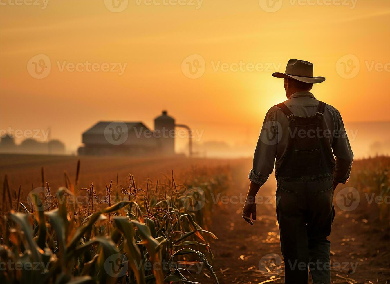 a farmer strides confidently through a corn field, the early dawn light casting a gentle glow over the tall stalks. AI Generated photo