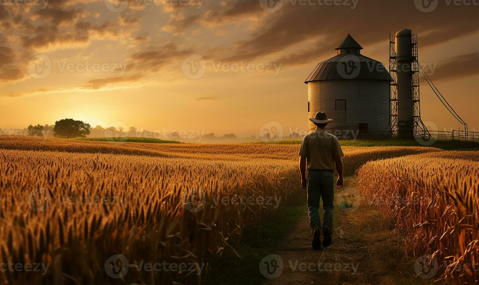 a farmer strides confidently through a corn field, the early dawn light casting a gentle glow over the tall stalks. AI Generated photo