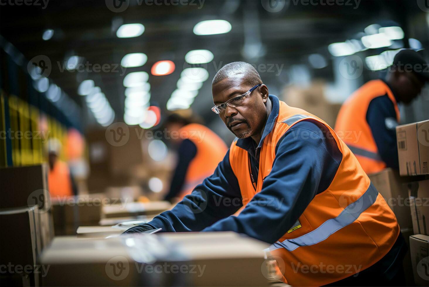 warehouse employees are seen in the midst of their tasks, swiftly moving and organizing shipment boxes. AI Generated photo