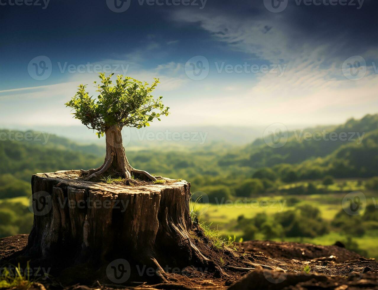 joven árbol brotante desde el corazón de un Envejecido. ai generado foto