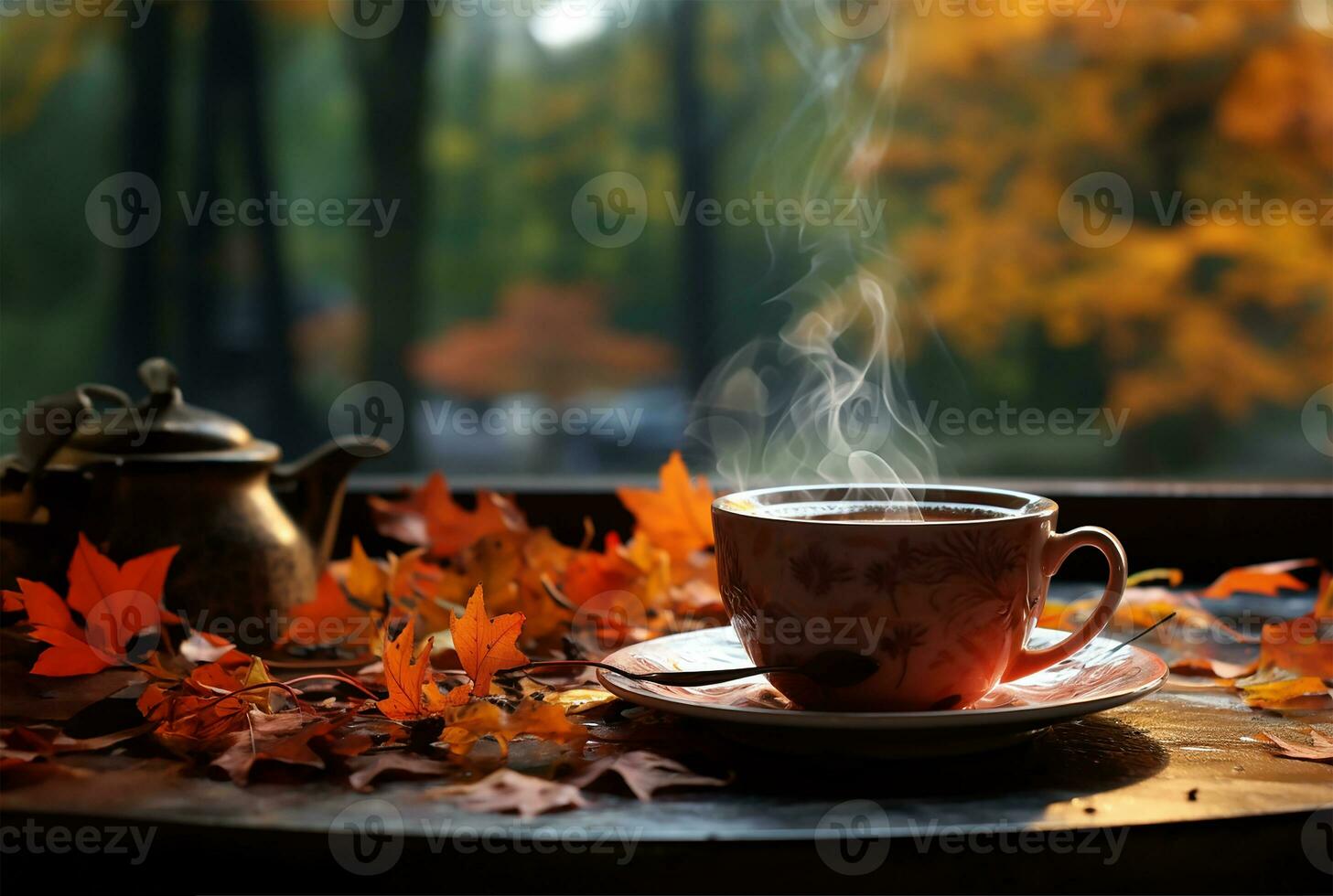 steaming coffee cup set against a backdrop of cascading autumn leaves. AI Generated photo