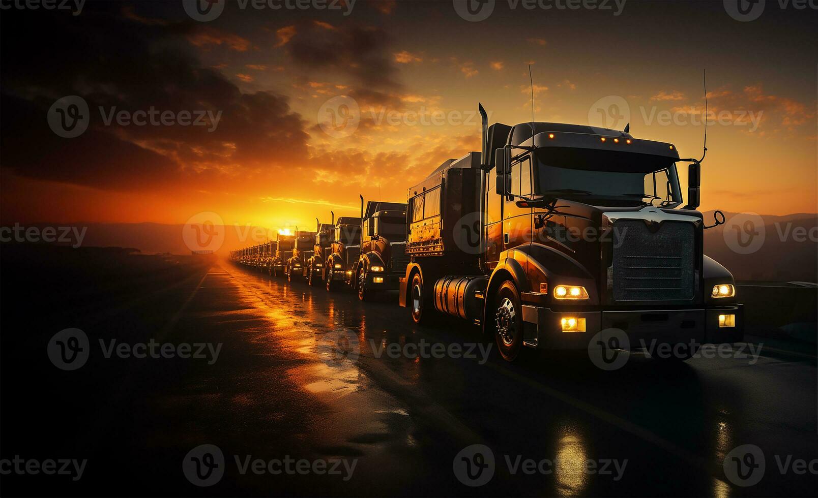 A row of parked trucks, silhouetted against the backdrop of a radiant sunrise. AI Generated photo