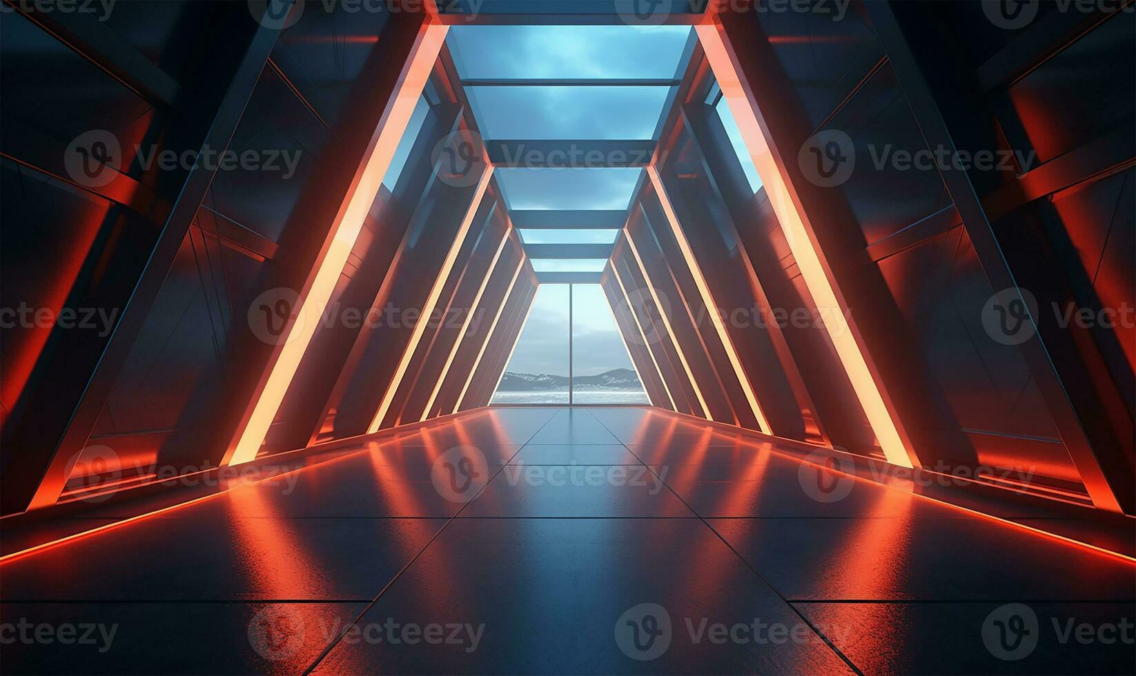 empty long light corridor designed as a futuristic Sci-Fi triangle tunnel. AI Generated photo