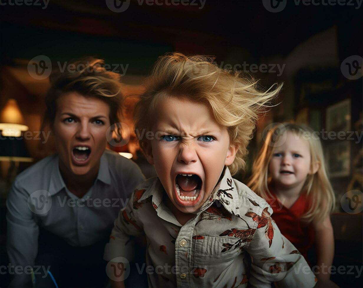 Angry screaming child with visibly stressed. AI Generated photo