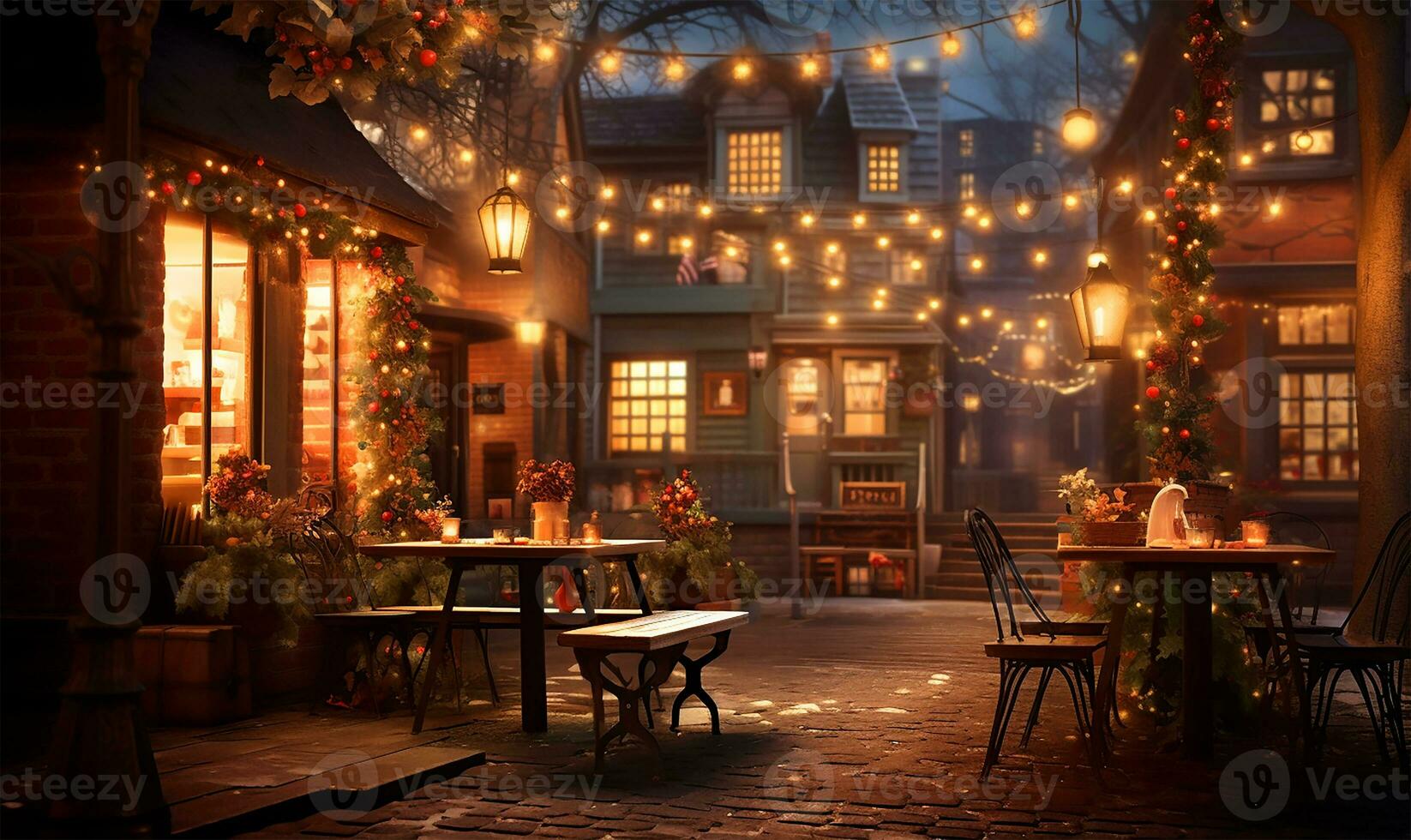 village square adorned with twinkling Christmas lights. AI Generated photo