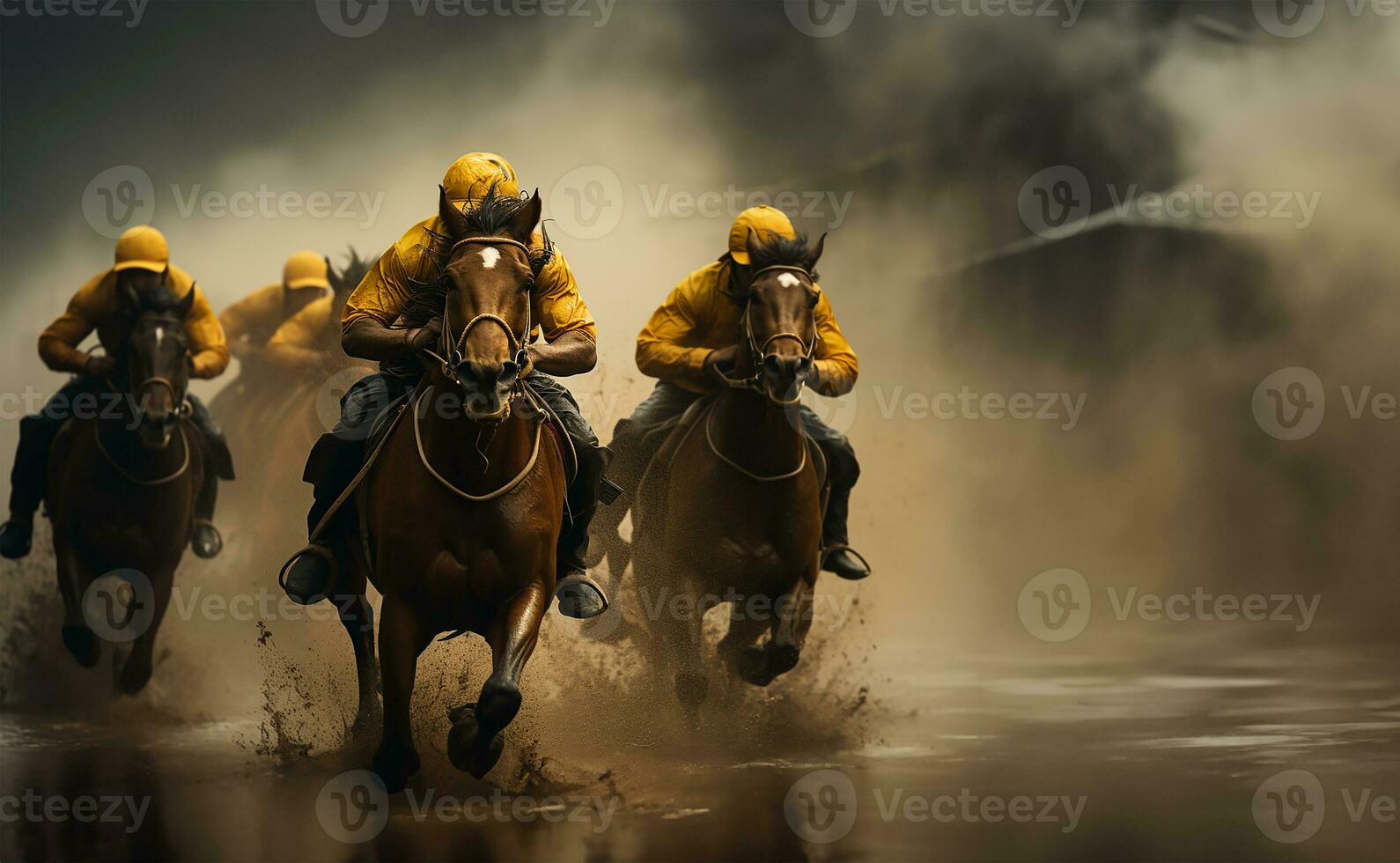 An intense moment captured during a horse race as jockeys, with sheer determination, push their horses to gain an advantage in the crucial last curve. AI Generated photo