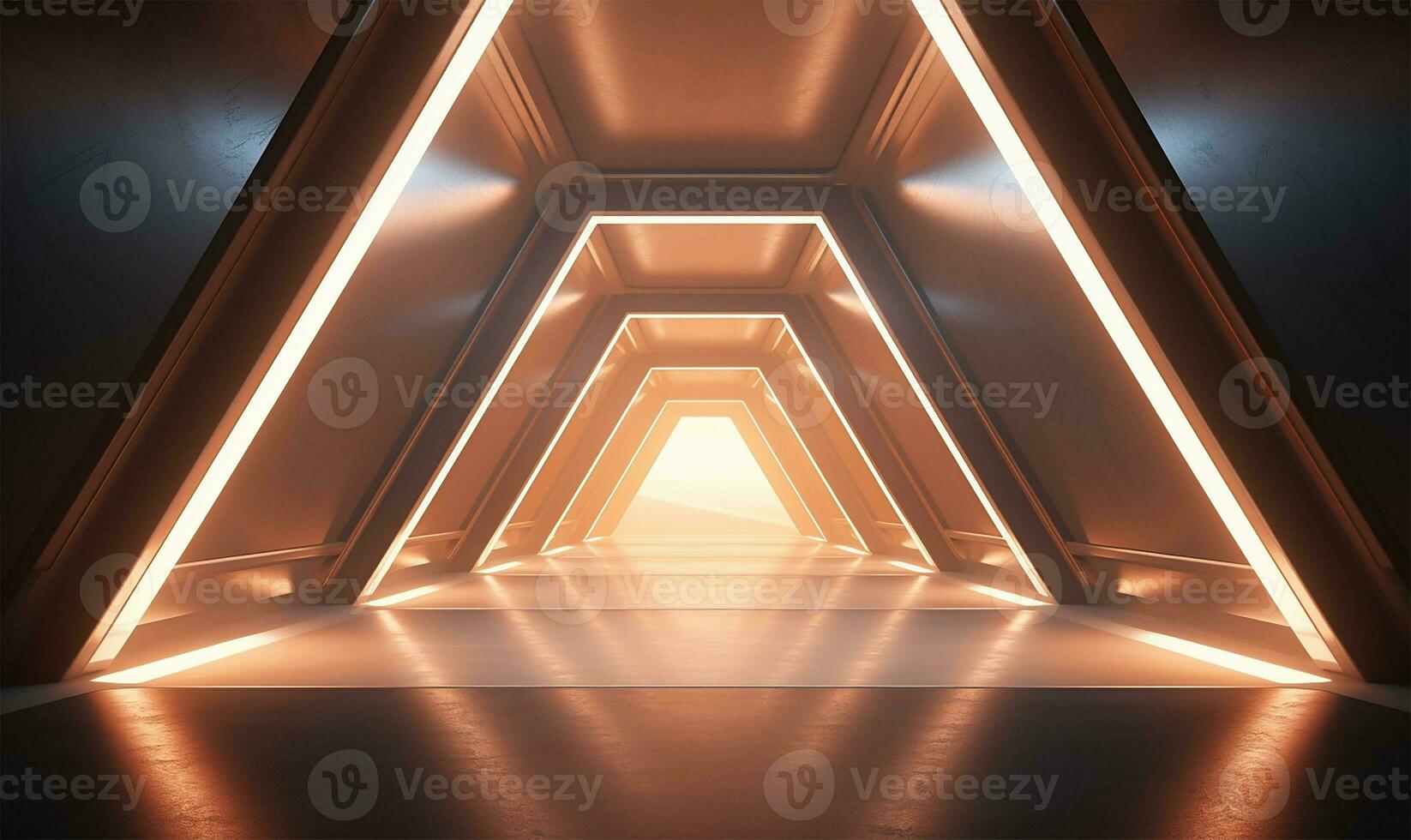 empty long light corridor designed as a futuristic Sci-Fi triangle tunnel. AI Generated photo
