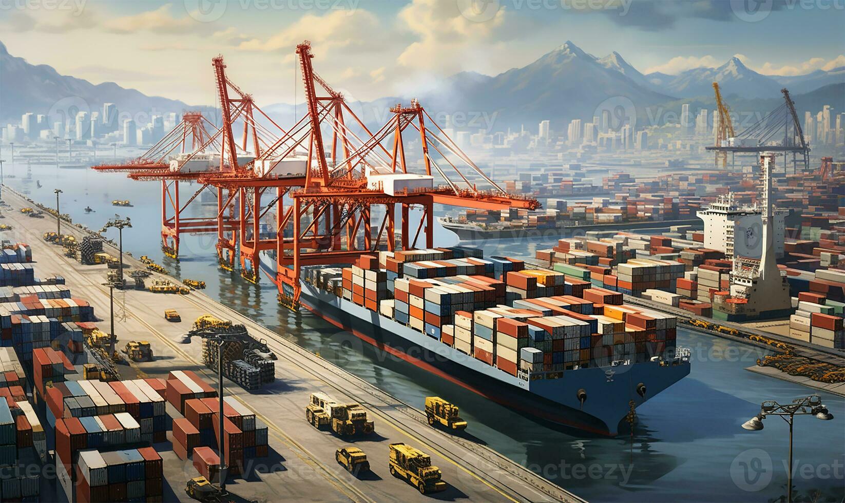 bustling seaport featuring cargo ships being loaded and unloaded. AI Generated photo