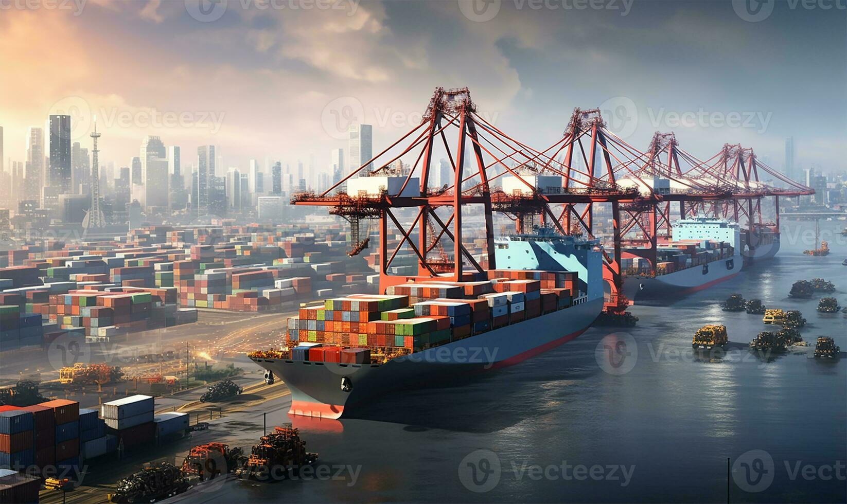 bustling seaport featuring cargo ships being loaded and unloaded. AI Generated photo