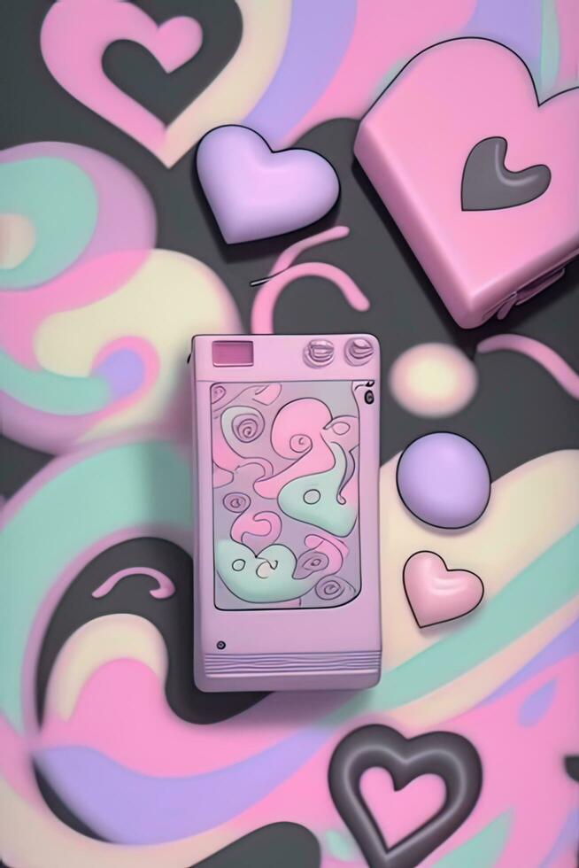 Y2K nostalgia background wallpaper with retro phone and hearts photo