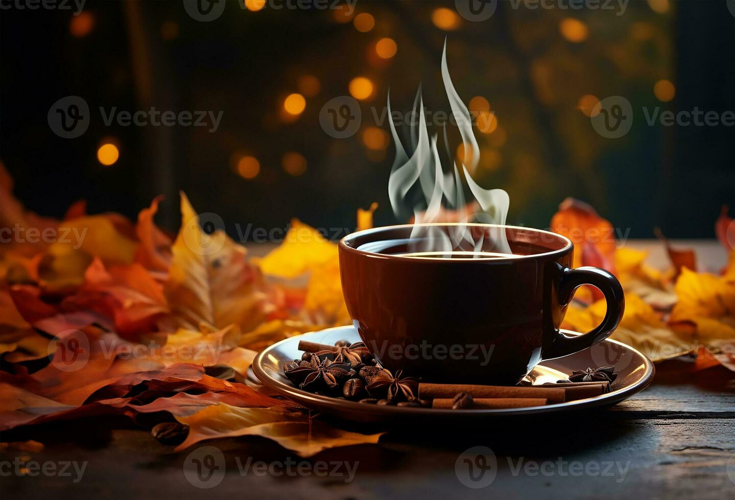 steaming coffee cup set against a backdrop of cascading autumn leaves. AI Generated photo