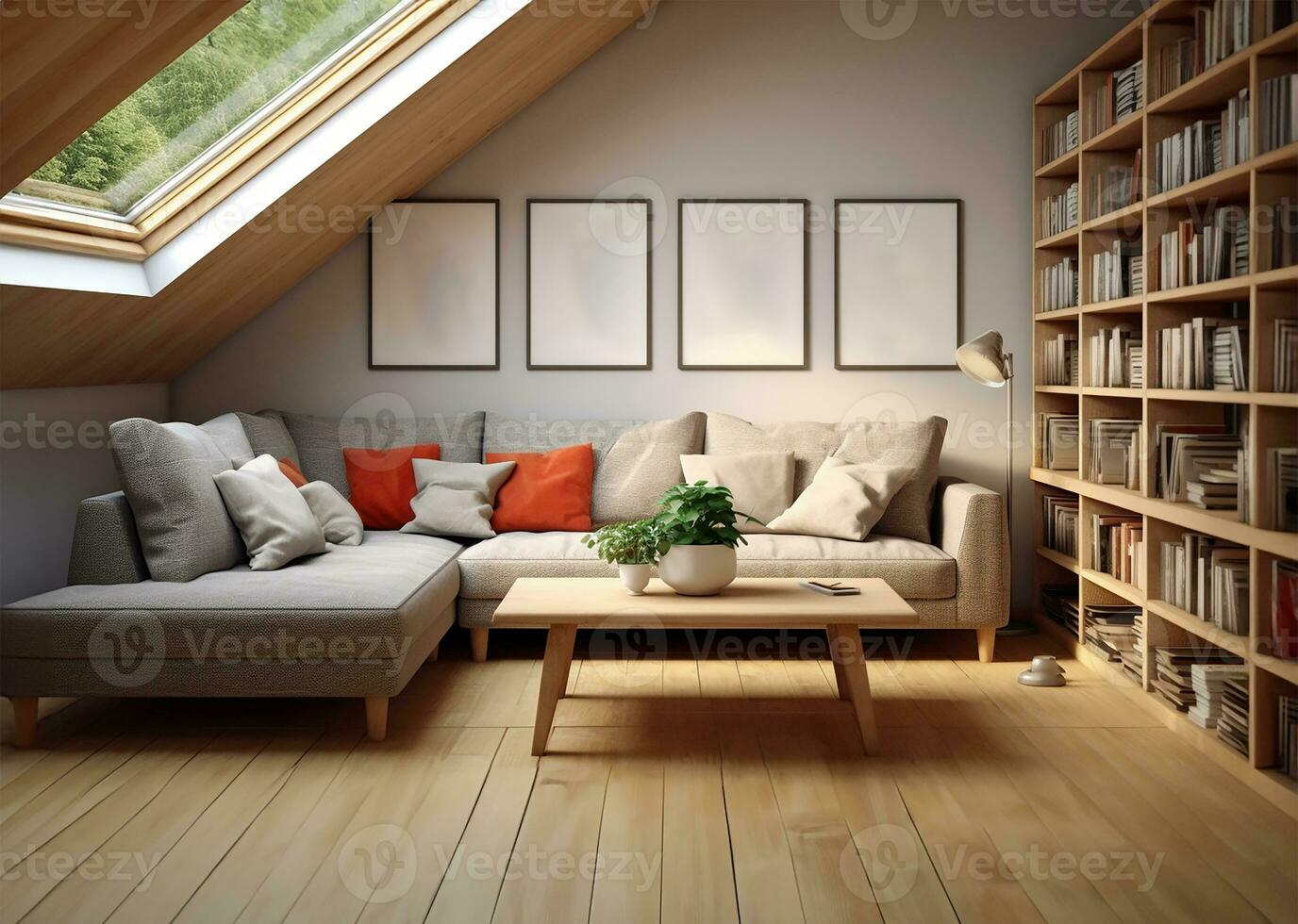 corner sofa placed against a shelving unit, set in a modern living room in the attic of a farmhouse. AI Generated photo