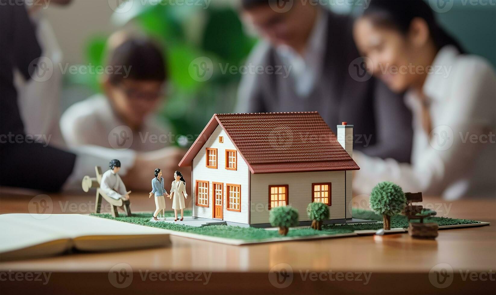 Real estate agent signing a mortgage agreement with a happy young couple with a close-up of a miniature house in the foreground. AI Generated photo