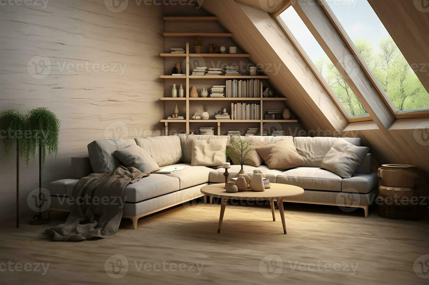 corner sofa placed against a shelving unit, set in a modern living room in the attic of a farmhouse. AI Generated photo