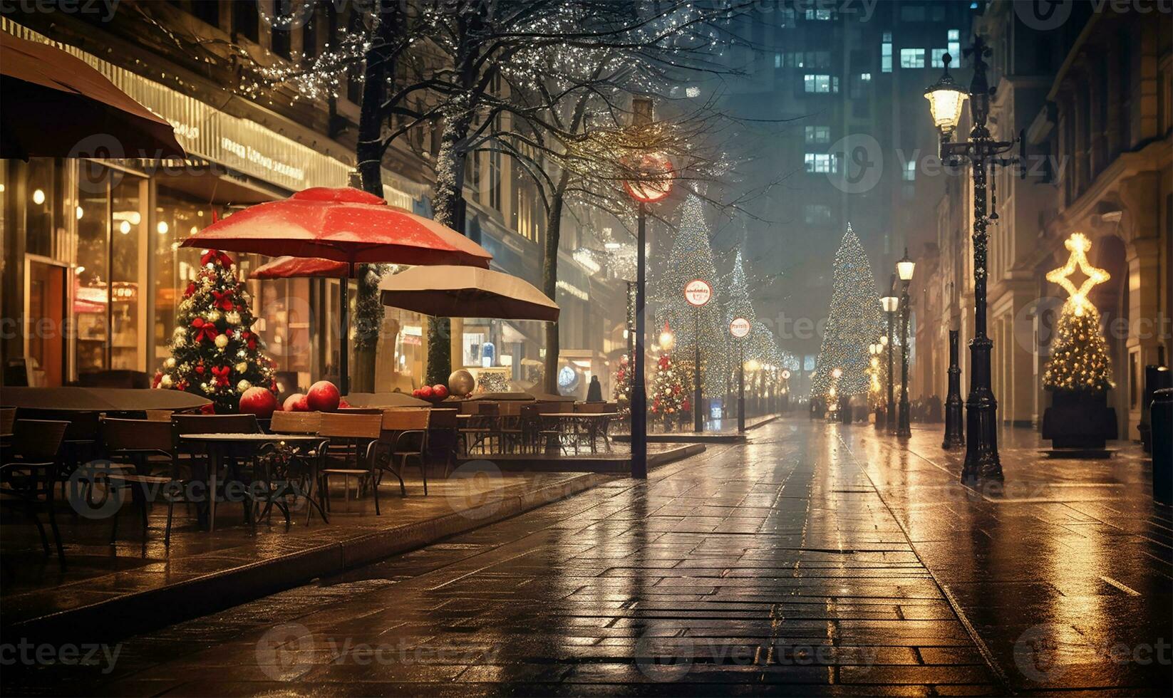 city street immersed in the enchanting glow of festive lights on a Christmas night. AI Generated photo