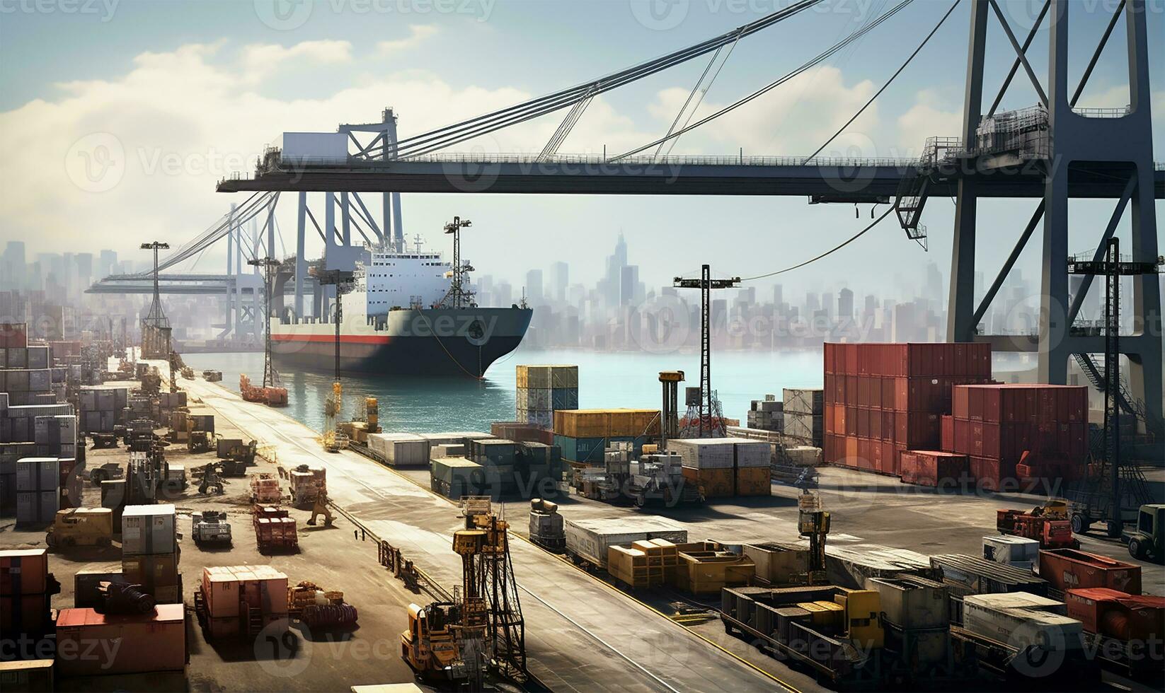 bustling seaport featuring cargo ships being loaded and unloaded. AI Generated photo