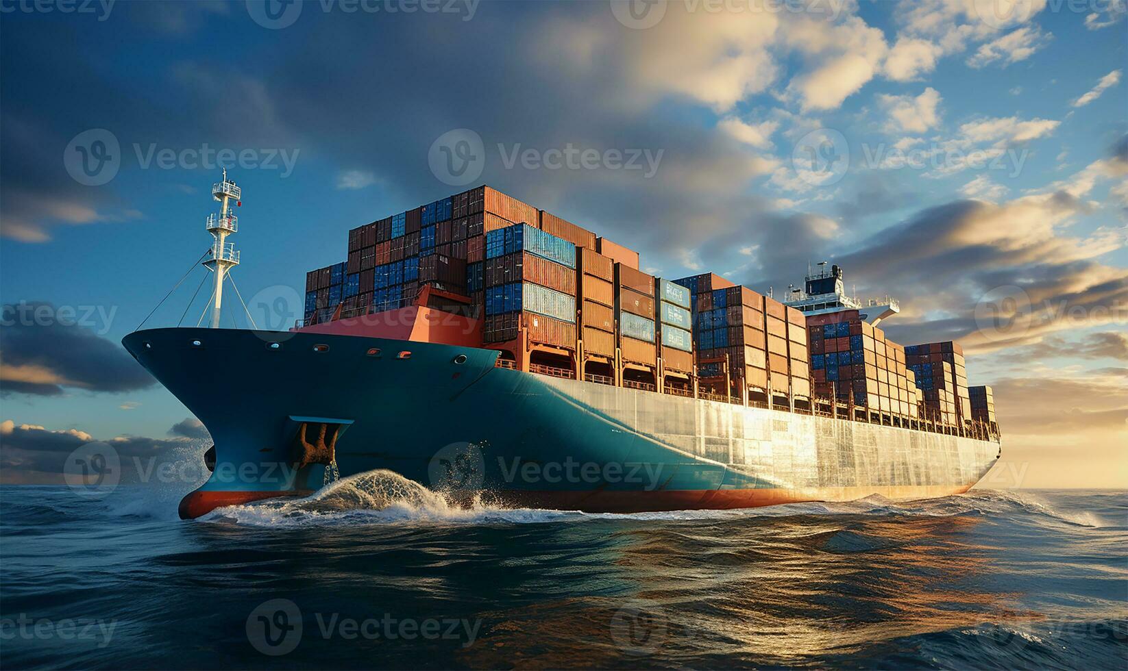 container ship cutting through the vast sea waters. AI Generated photo