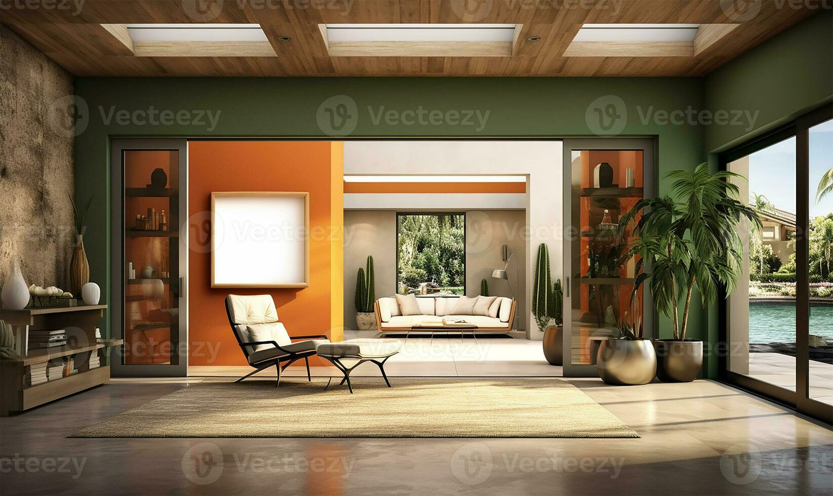modern contemporary loft featuring an empty room with marble floors, green and orange walls. AI Generated photo