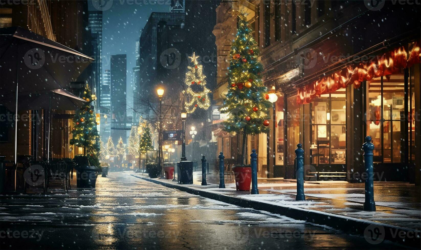 city street immersed in the enchanting glow of festive lights on a Christmas night. AI Generated photo