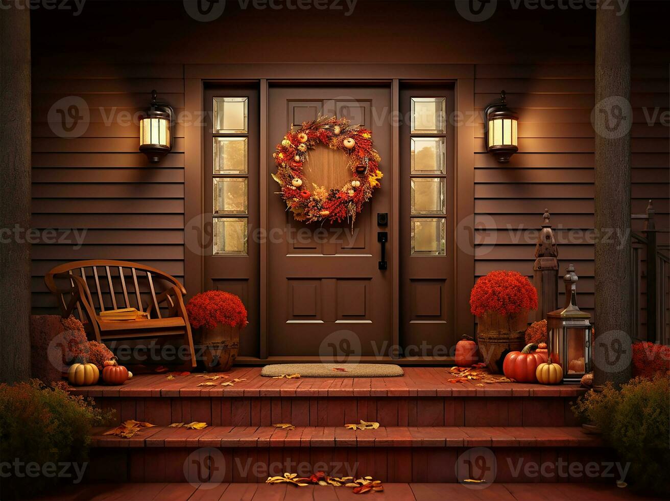 beautifully assembled fall wreath gracing a rich brown front door. AI Generated photo