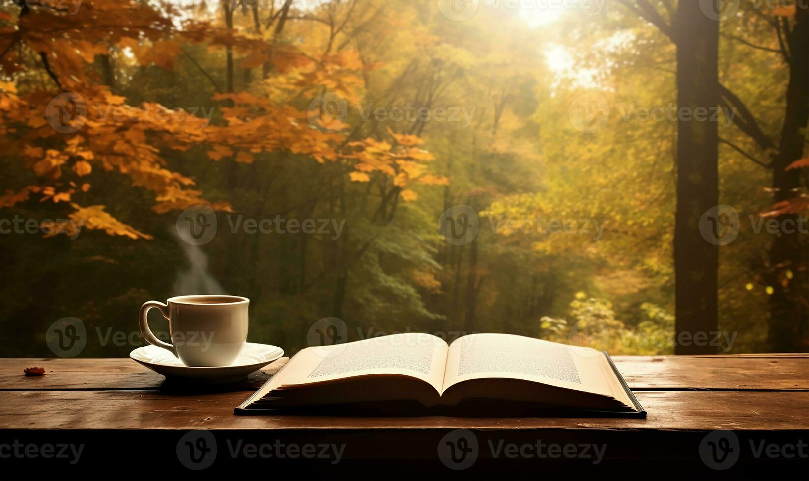 open book beside a white coffee cup on a table. AI Generated photo