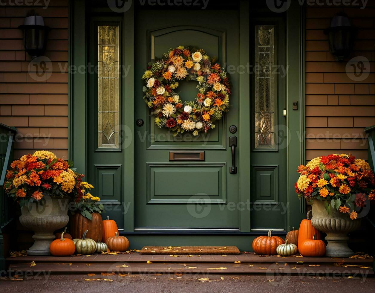 beautifully crafted fall wreath adorning a rich green front door, complemented by artful autumn flower pot arrangements gracing the steps. AI Generated photo