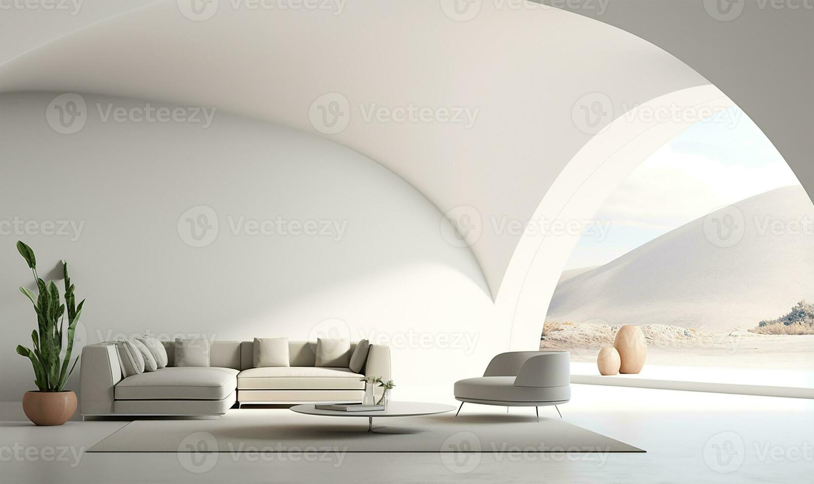 blanco abierto espacio interior con minimalista diseño elementos. ai generado foto
