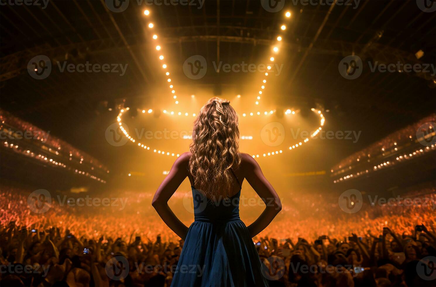 A beautiful female pop star singer performing on stage in a huge crowded stadium arena hall. AI Generated photo