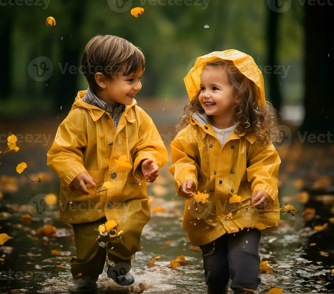 exuberante niños, adornado en brillante amarillo impermeables y pareo lluvia botas, deliciosamente chapoteo mediante charcos durante un otoñal aguacero. ai generado foto