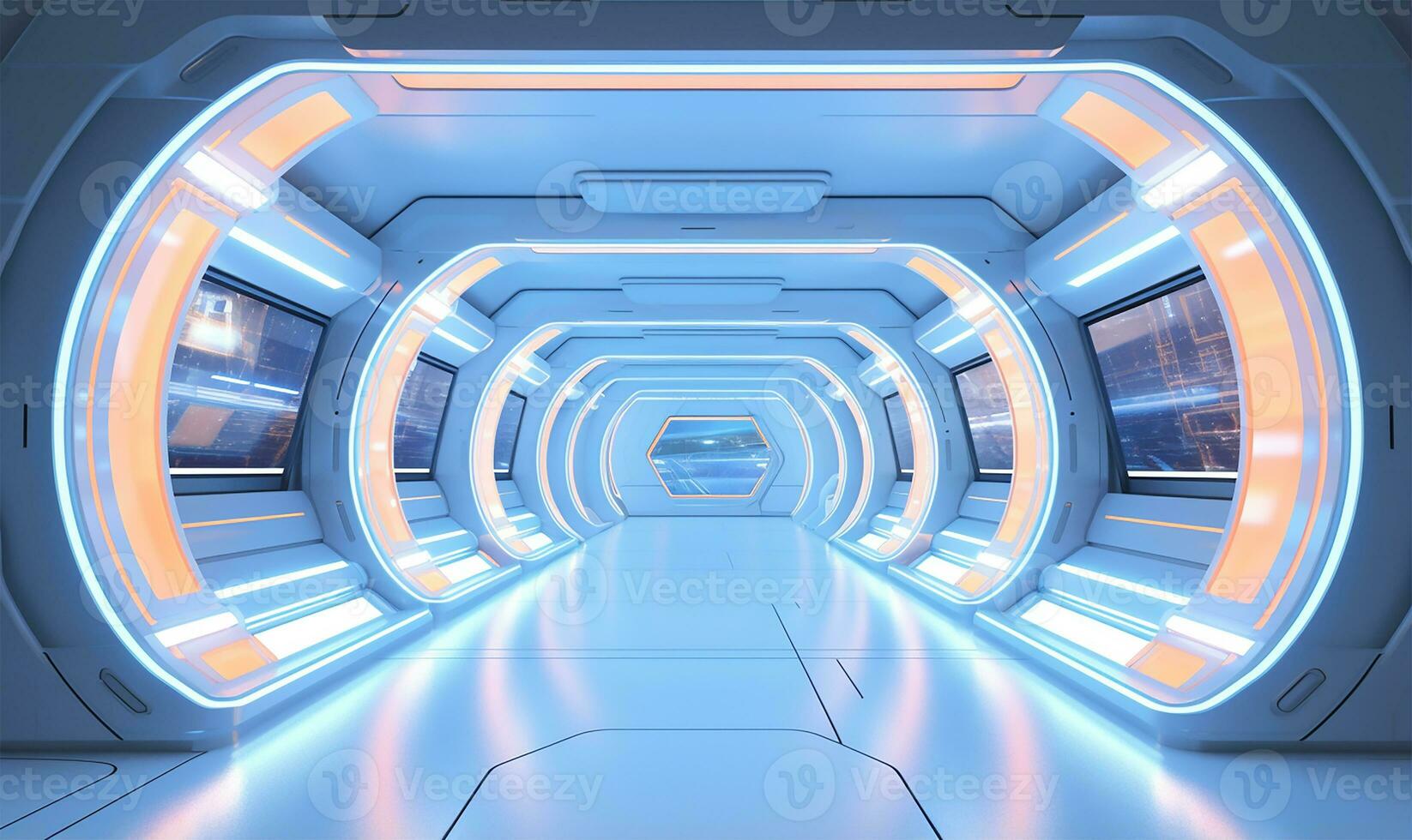 corridor or room inside a space station or spaceship, designed with sleek, futuristic aesthetics. AI Generated photo