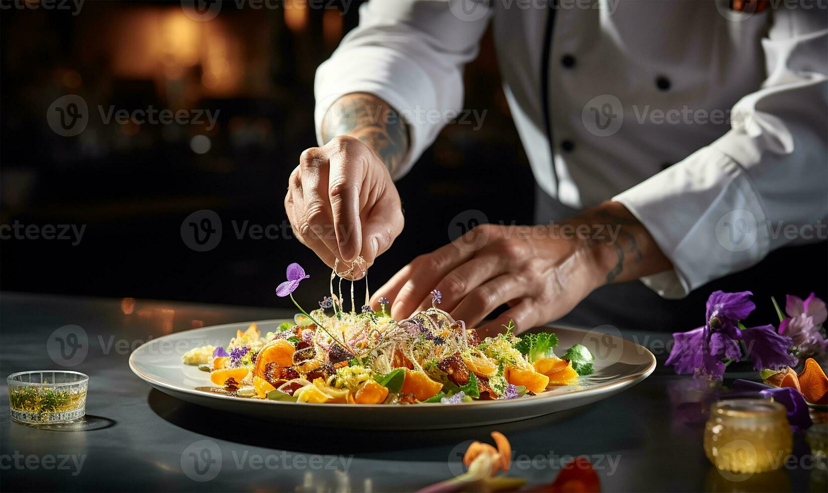 modern food stylist's hands artfully decorating a meal for presentation in a high-end restaurant. AI Generated photo