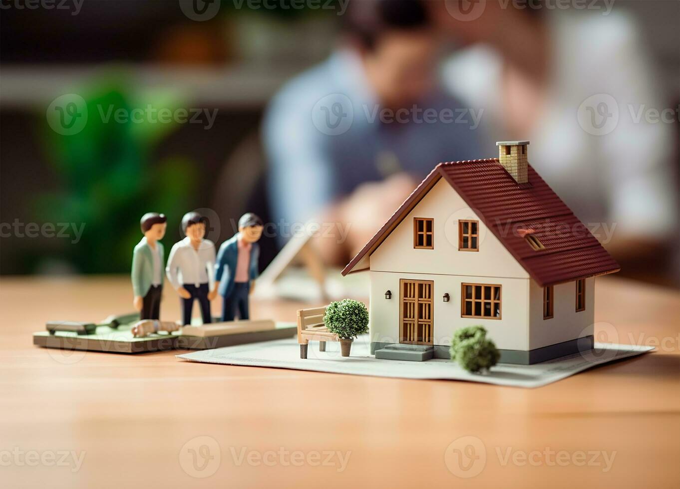 Real estate agent signing a mortgage agreement with a happy young couple with a close-up of a miniature house in the foreground. AI Generated photo
