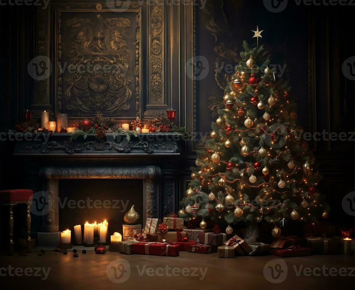 Christmas tree adorned with lights and ornaments next to a roaring fireplace in a room. AI Generated photo