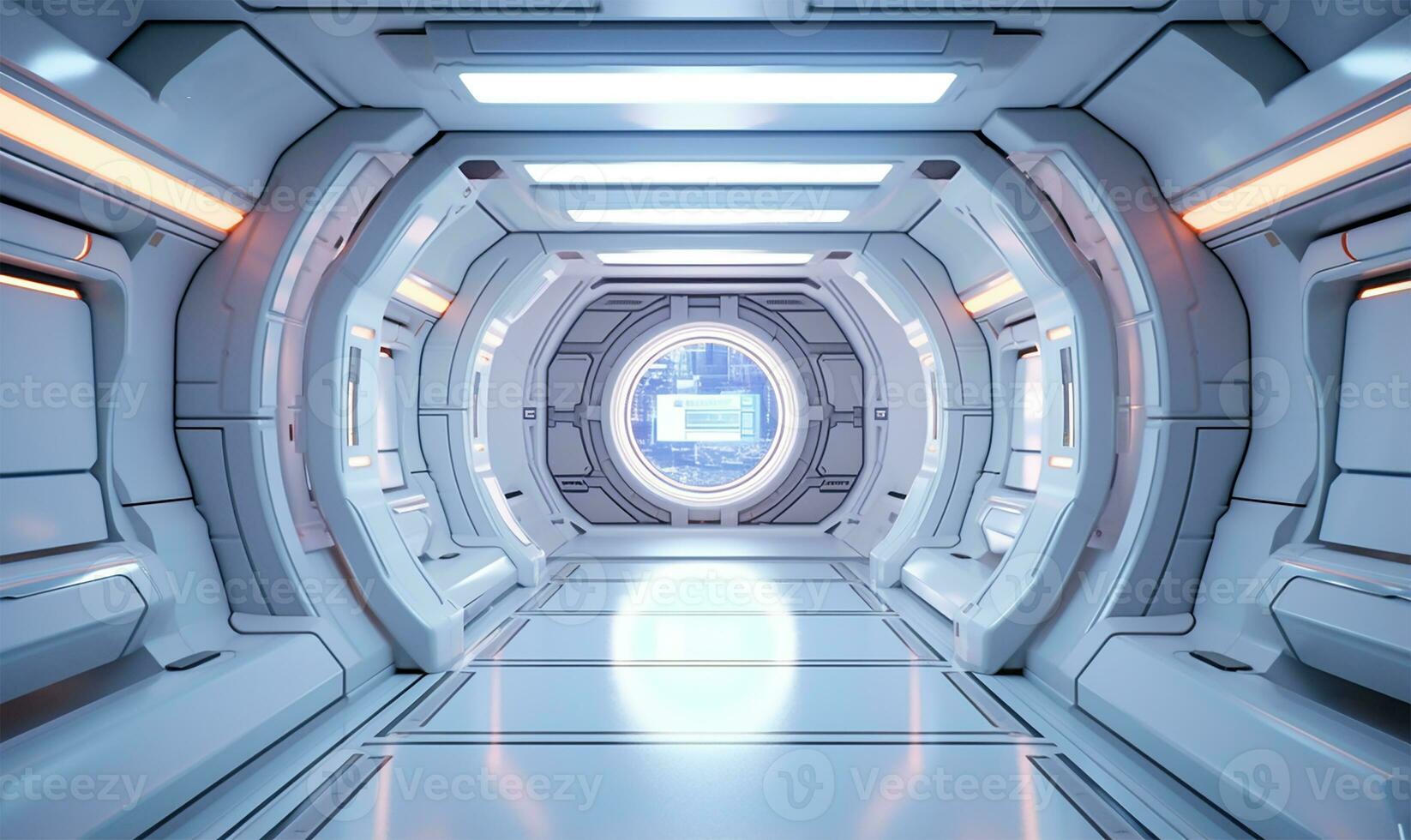 corridor or room inside a space station or spaceship, designed with sleek, futuristic aesthetics. AI Generated photo